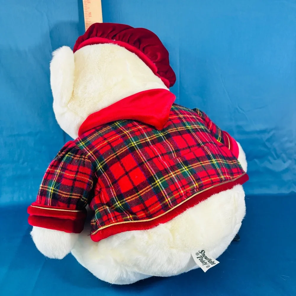 Vintage 1999 Snowflake Teddy White Plush Bear Holiday Plaid Jacket 16 Inch